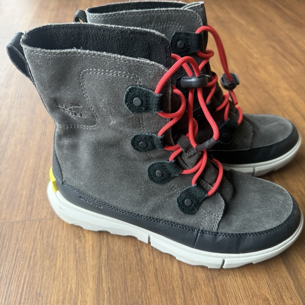 Sorel Explorer Boots Kids 6 Snow Rain Waterproof - Gray Red Lace Up Boys Women 7